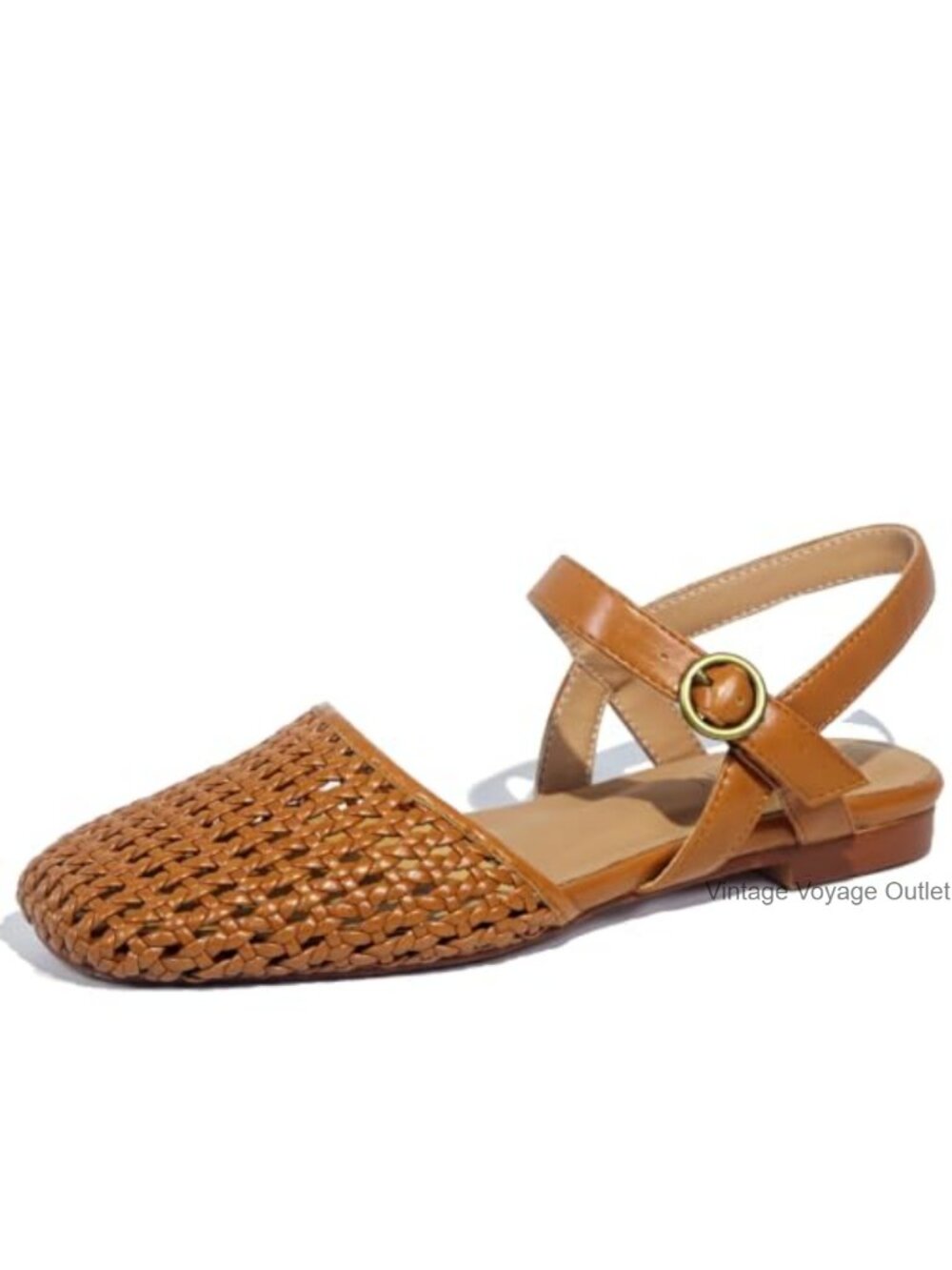 Woven Slingback Flats Square Toe Ankle Strap Faux Leather Women's